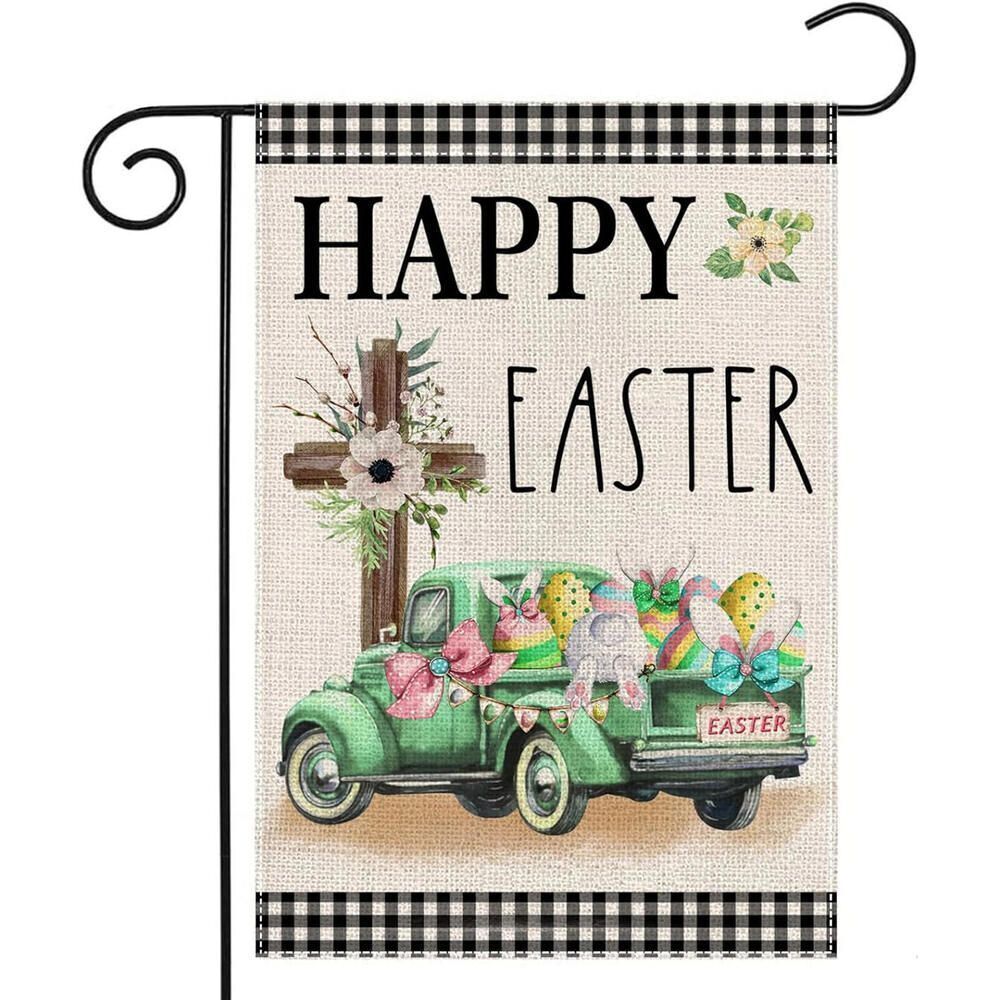 Happy Easter Garden Flag 12X18 Inch Double Sided Buffalo Plaid with Truck Cross